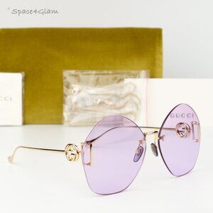 Gucci Women Sunglasses Gold Chain Violet Round GG1203S 001 NEW AUTHENTIC